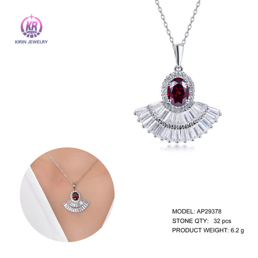 925 silver necklace with rhodium plating baguette ruby CZ 39378 Kirin Jewelry