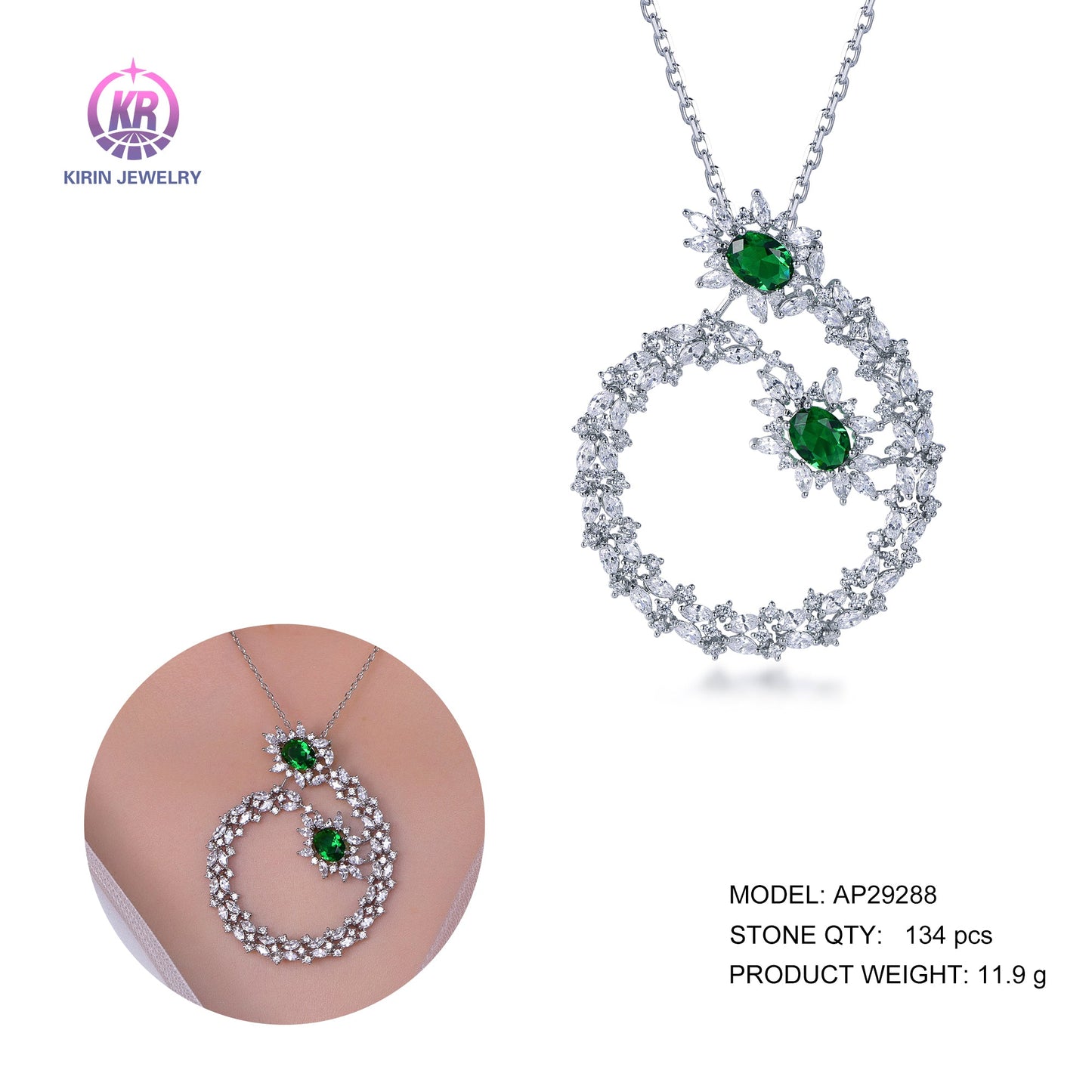 925 silver necklace with rhodium plating emerald CZ 29288 Kirin Jewelry