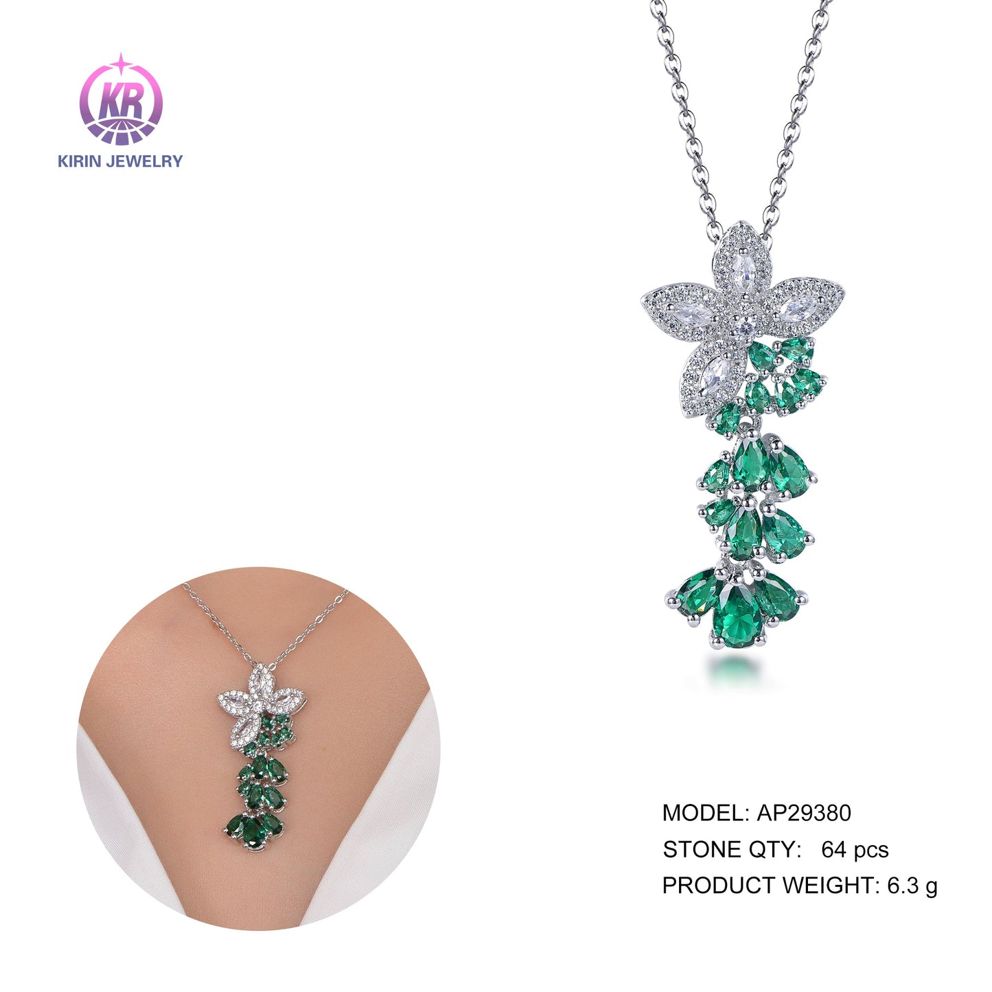 925 silver necklace with rhodium plating emerald CZ 29380 Kirin Jewelry