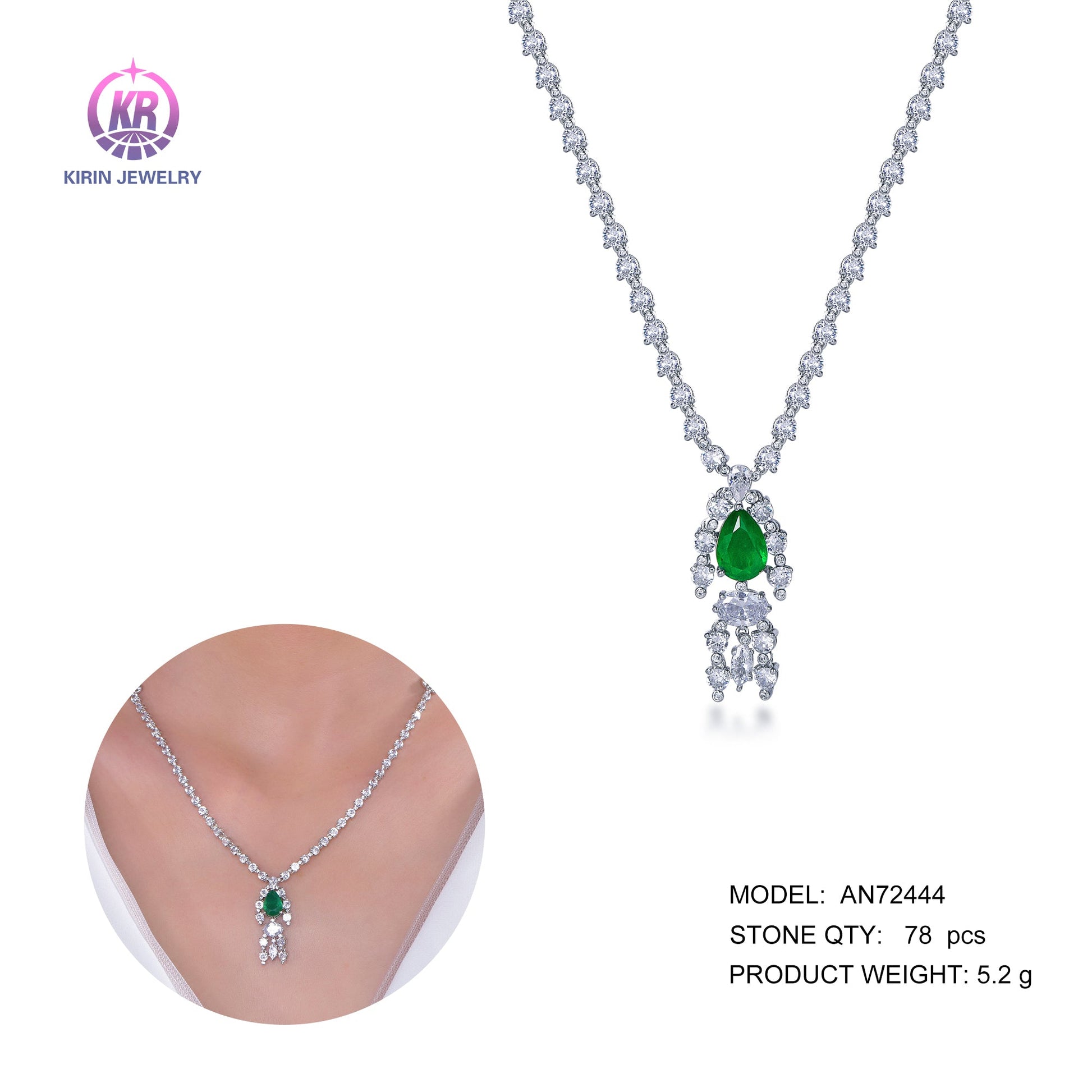 925 silver necklace with rhodium plating emerald CZ 72444 Kirin Jewelry