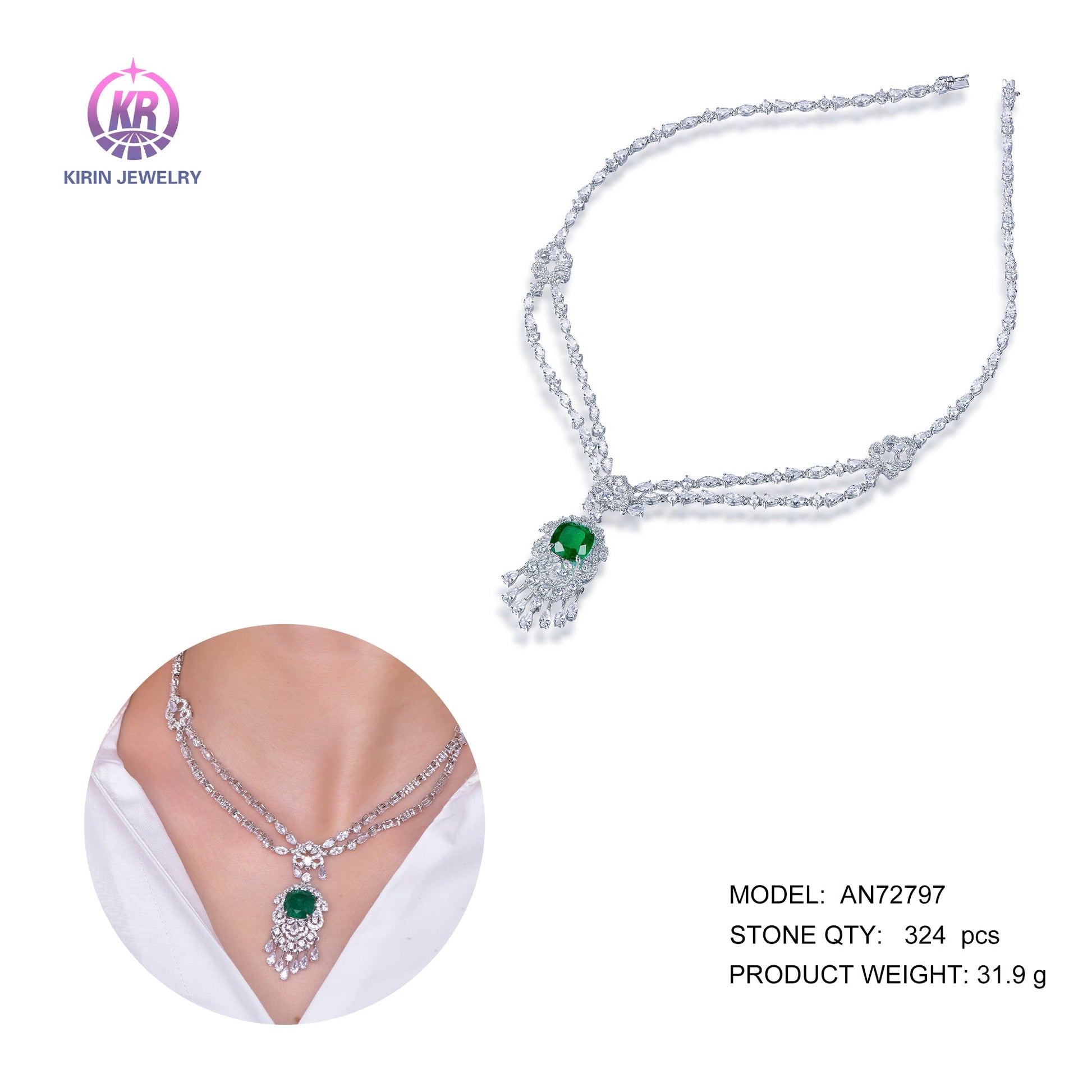 925 silver necklace with rhodium plating emerald CZ 72797 Kirin Jewelry