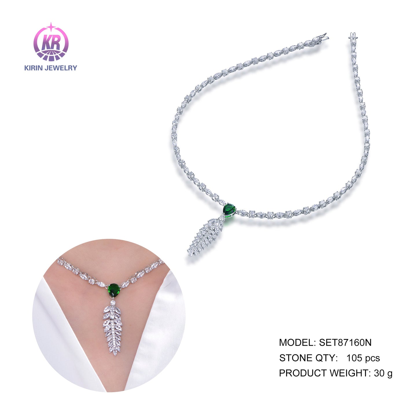 925 silver necklace with rhodium plating emerald CZ 87160 Kirin Jewelry