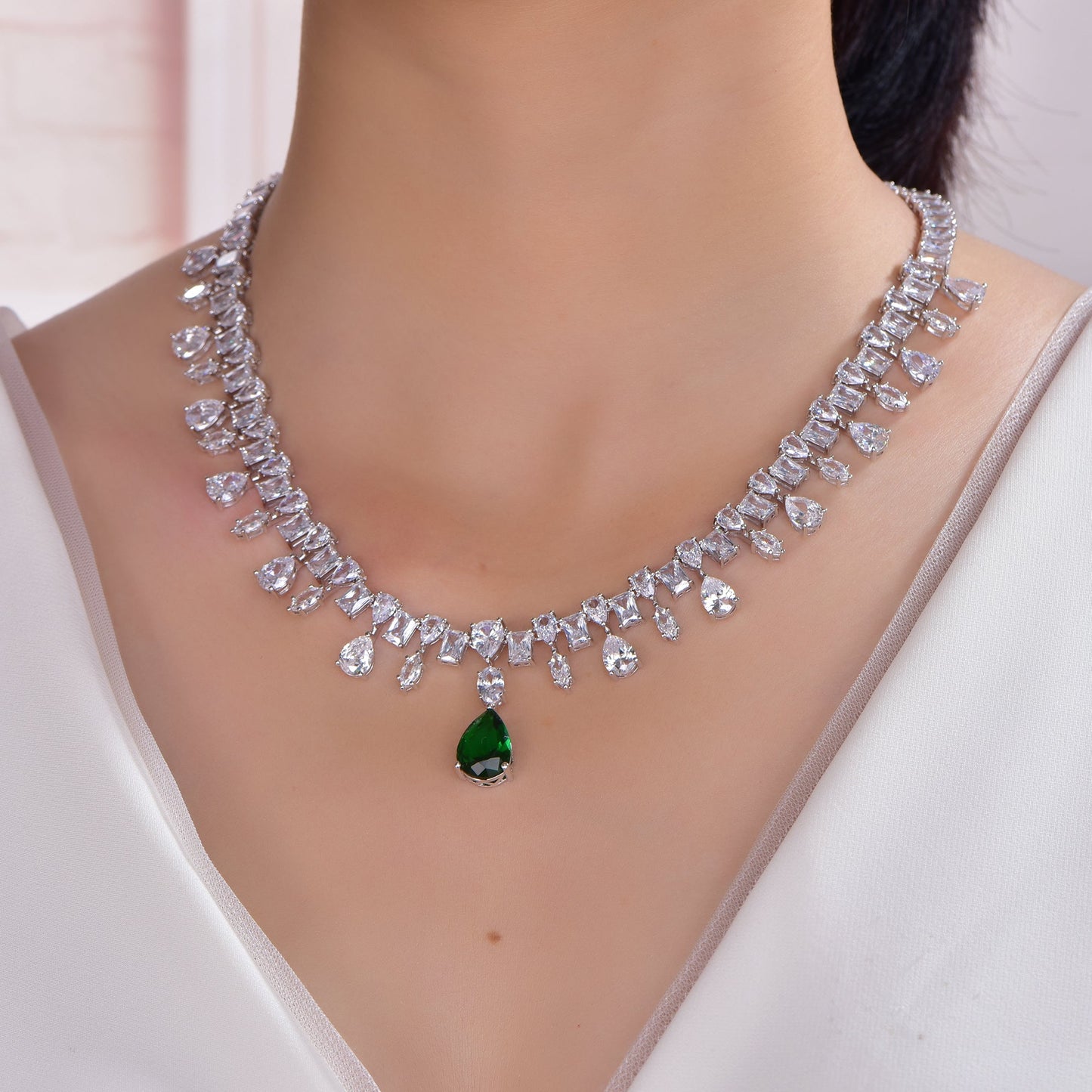 925 silver necklace with rhodium plating emerald CZ AN72810 Kirin Jewelry