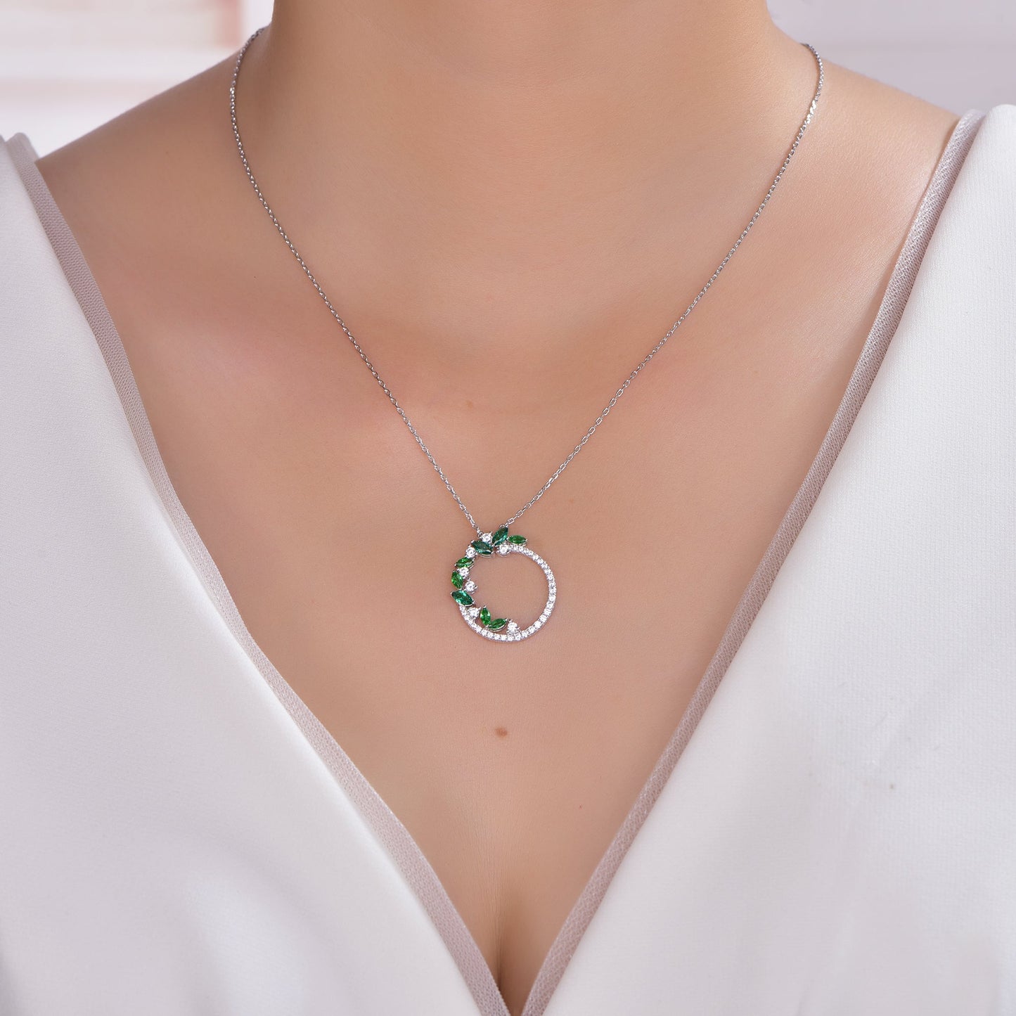 925 silver necklace with rhodium plating emerald CZ KP20279 Kirin Jewelry