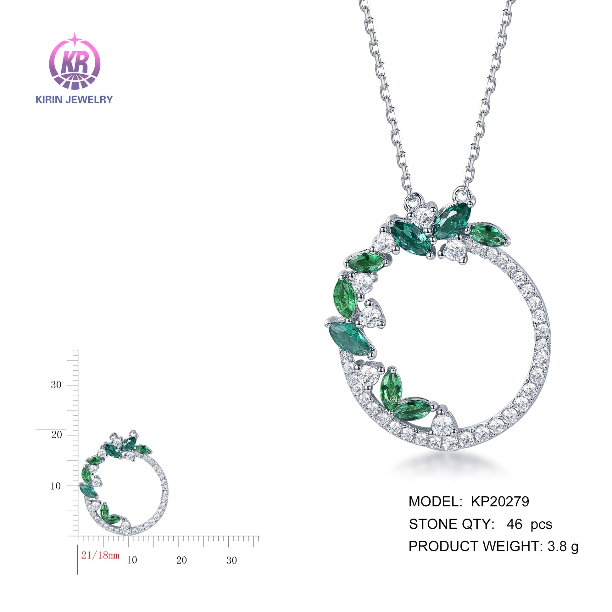 925 silver necklace with rhodium plating emerald CZ KP20279 Kirin Jewelry