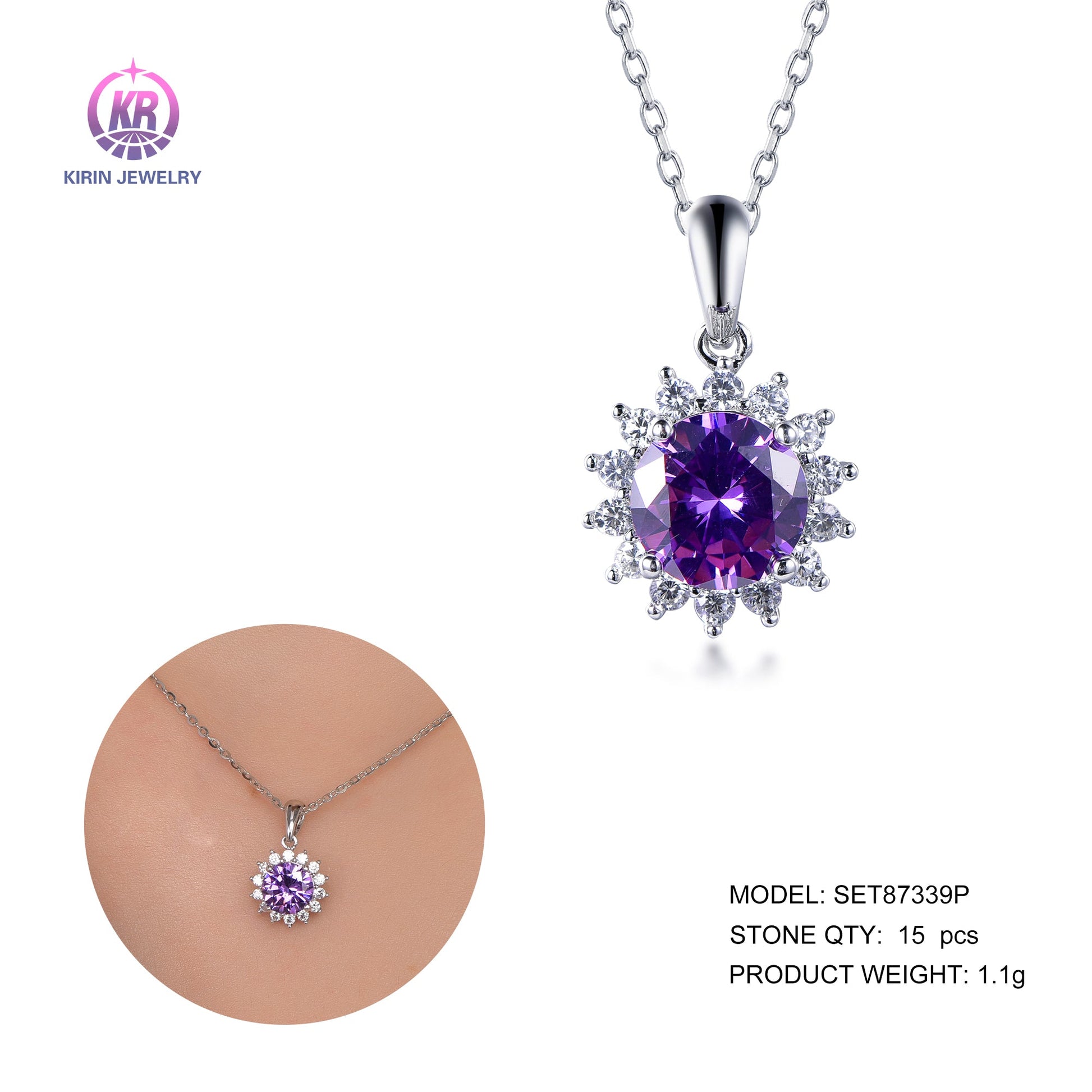 925 silver necklace with rhodium plating purple CZ 87339P Kirin Jewelry