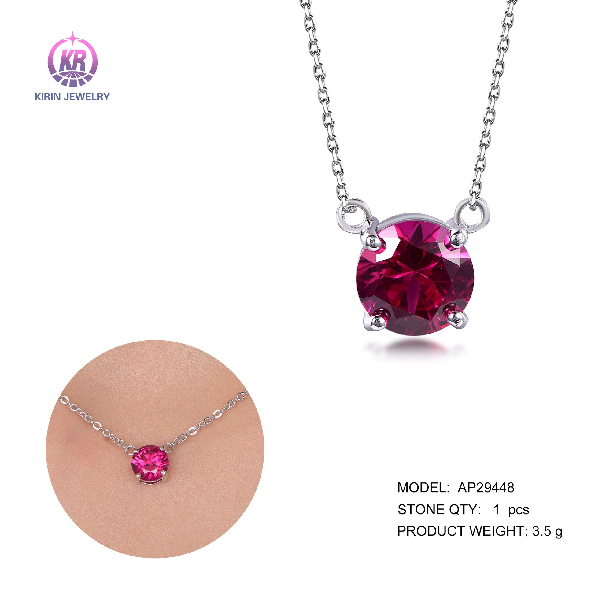 925 silver necklace with rhodium plating ruby CZ 29448 Kirin Jewelry