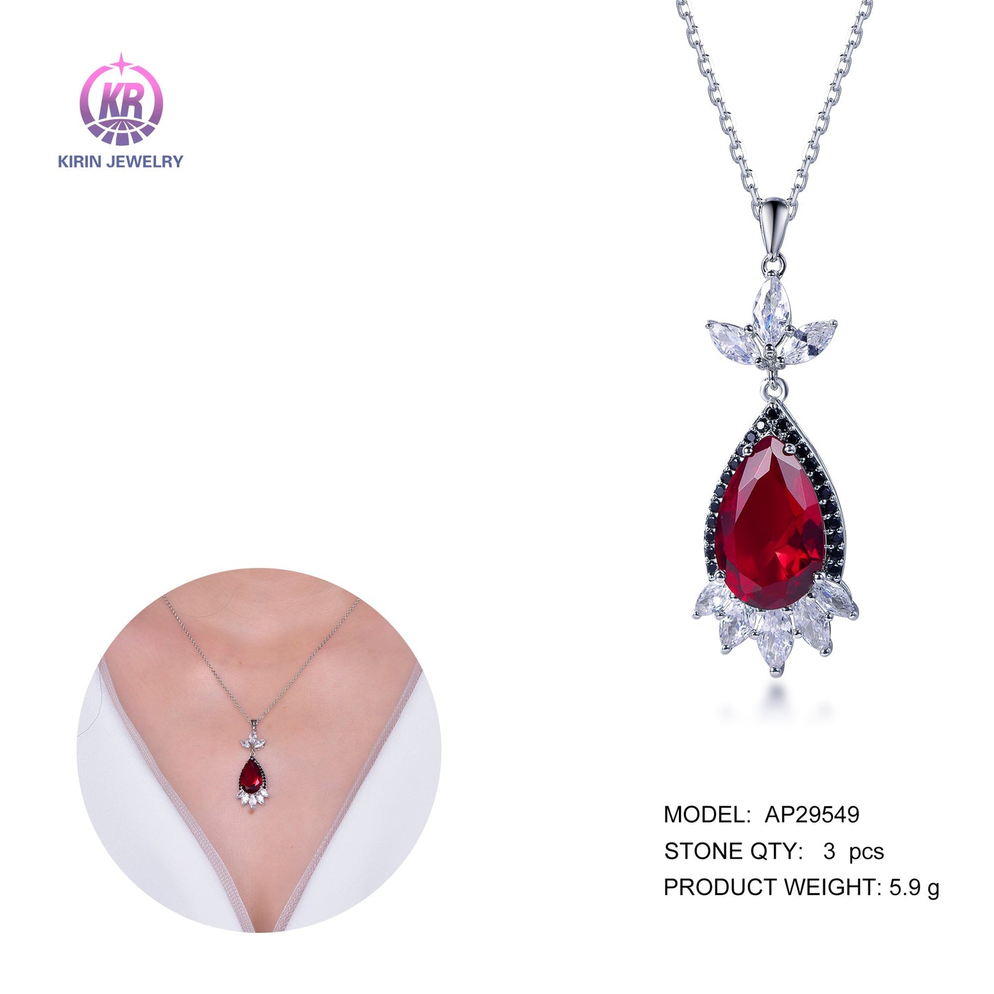 925 silver necklace with rhodium plating ruby CZ 29549 Kirin Jewelry