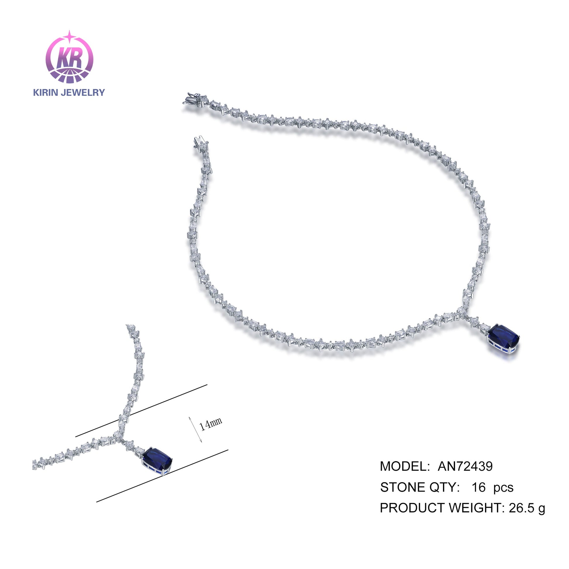 925 silver necklace with rhodium plating sapphire CZ AN72439 Kirin Jewelry