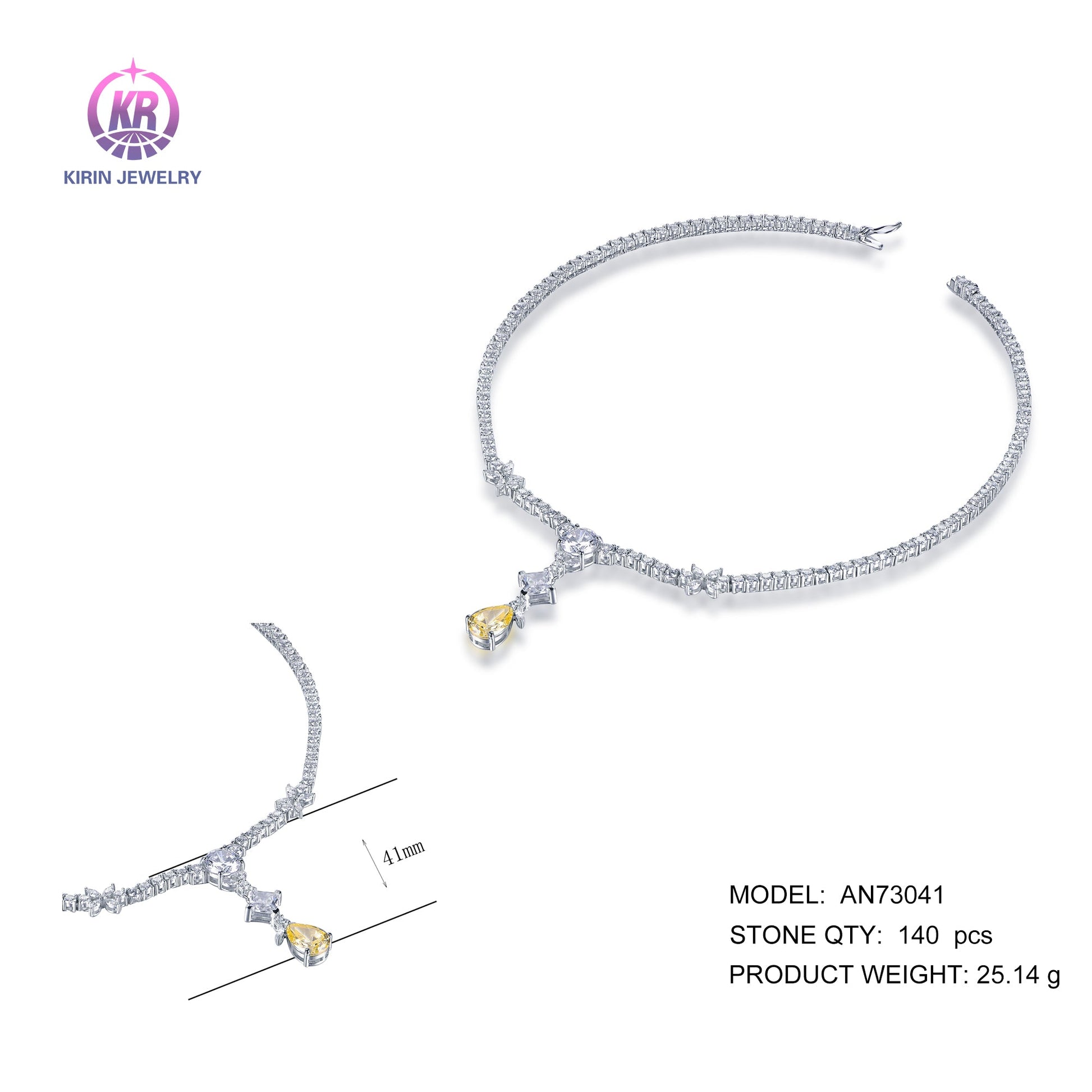 925 silver necklace with rhodium plating yellow CZ AN73041 Kirin Jewelry