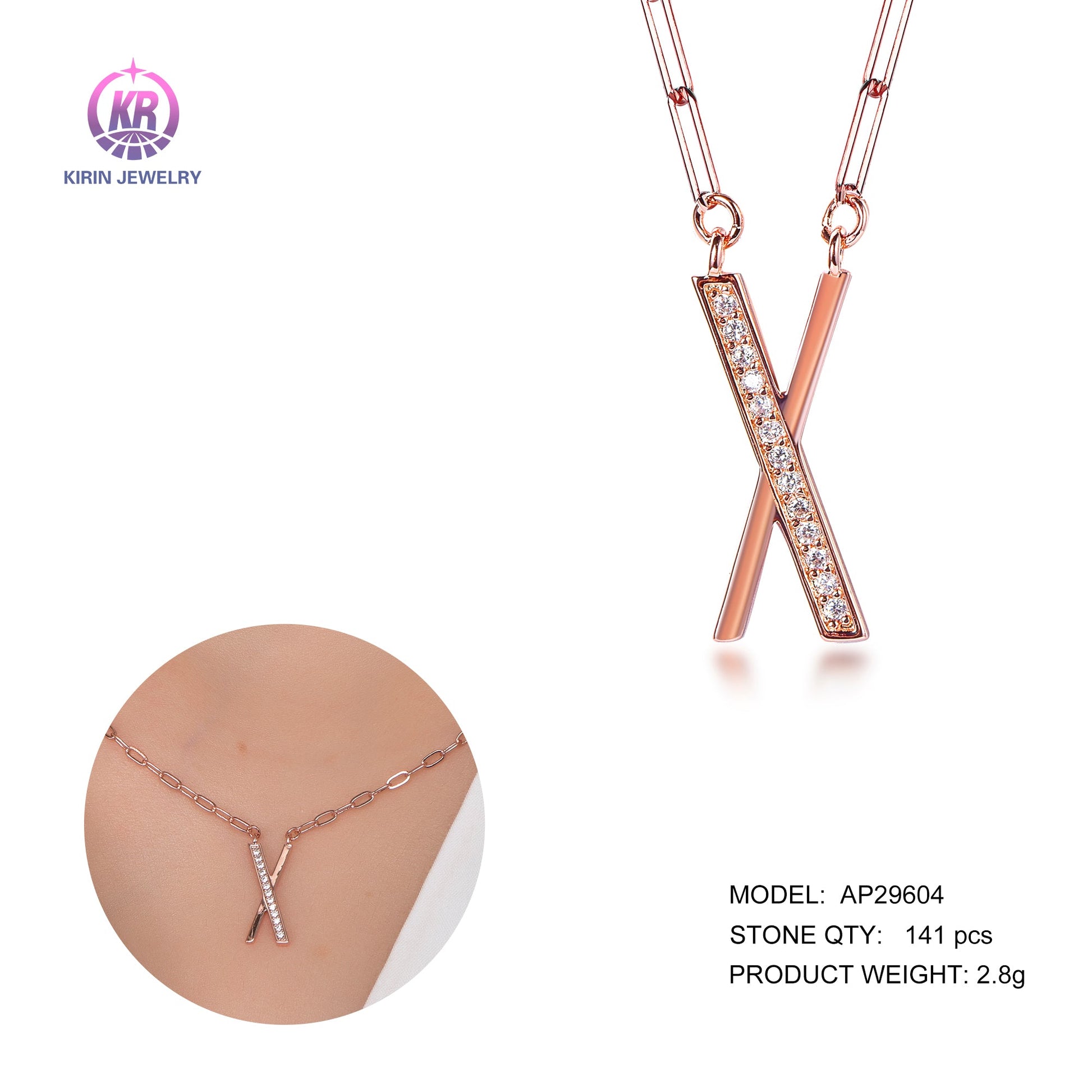 925 silver necklace with rose gold plating CZ 29604 Kirin Jewelry