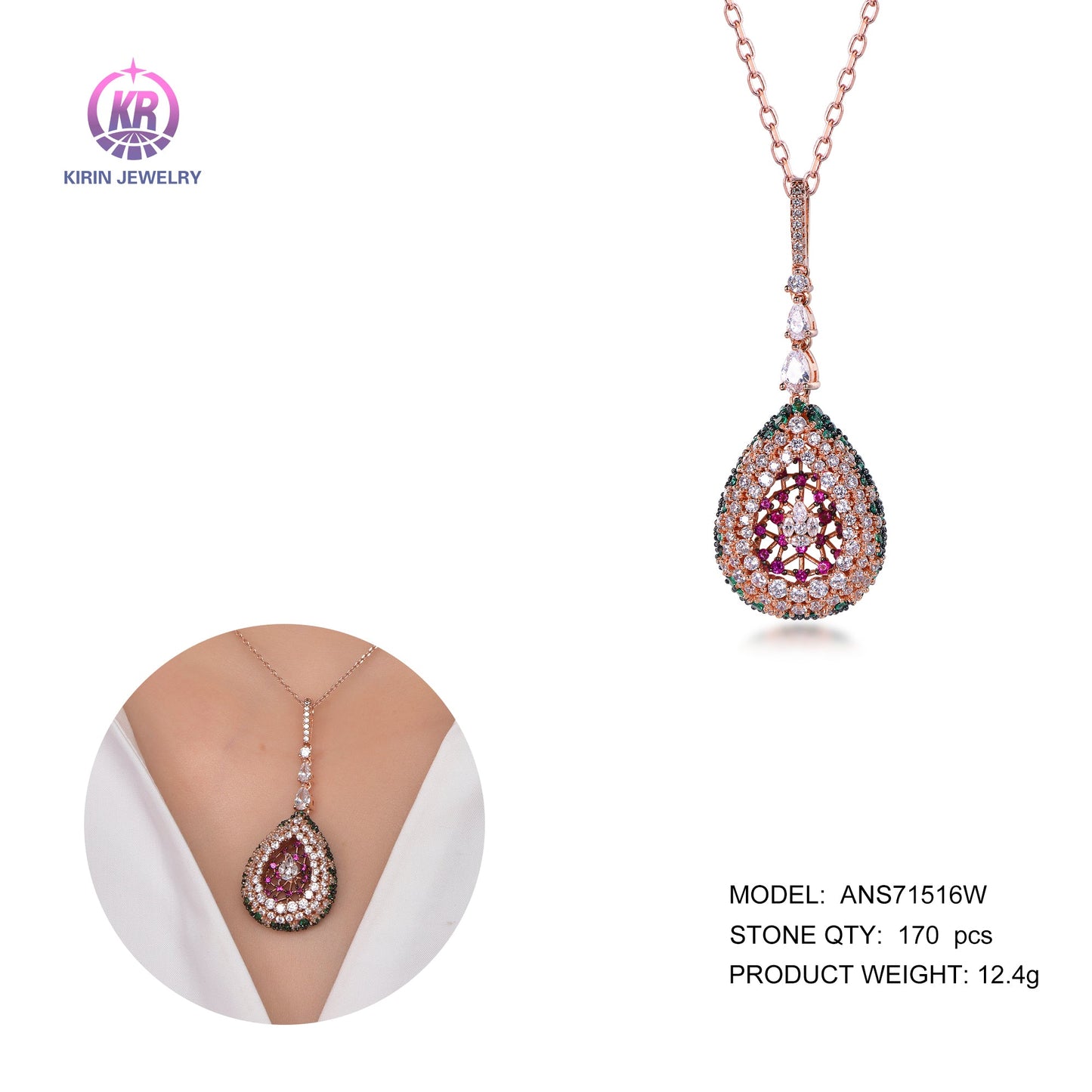 925 silver necklace with rose gold plating coler CZ 71516W Kirin Jewelry