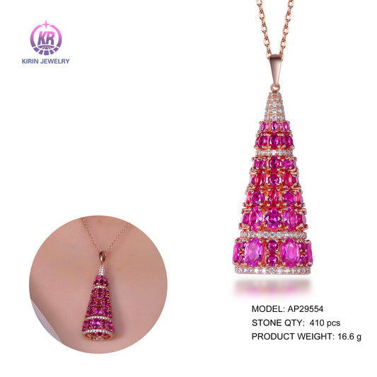 925 silver necklace with rose gold plating rose red Ruby CZ 29554 Kirin Jewelry