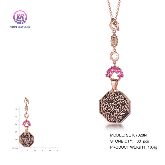 925 silver necklace with rose gold plating rose red Ruby CZ 87028 Kirin Jewelry