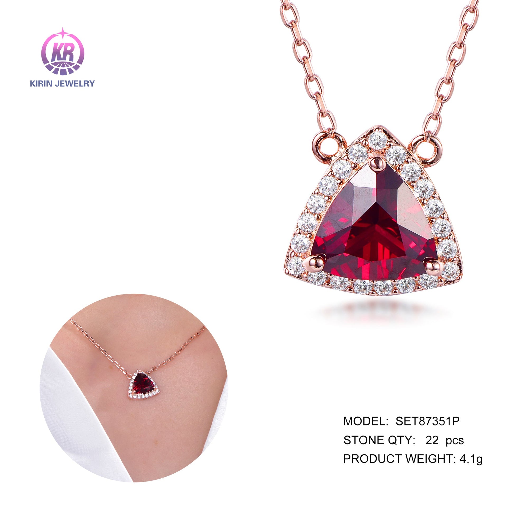 925 silver necklace with rose gold plating ruby CZ 87351 Kirin Jewelry