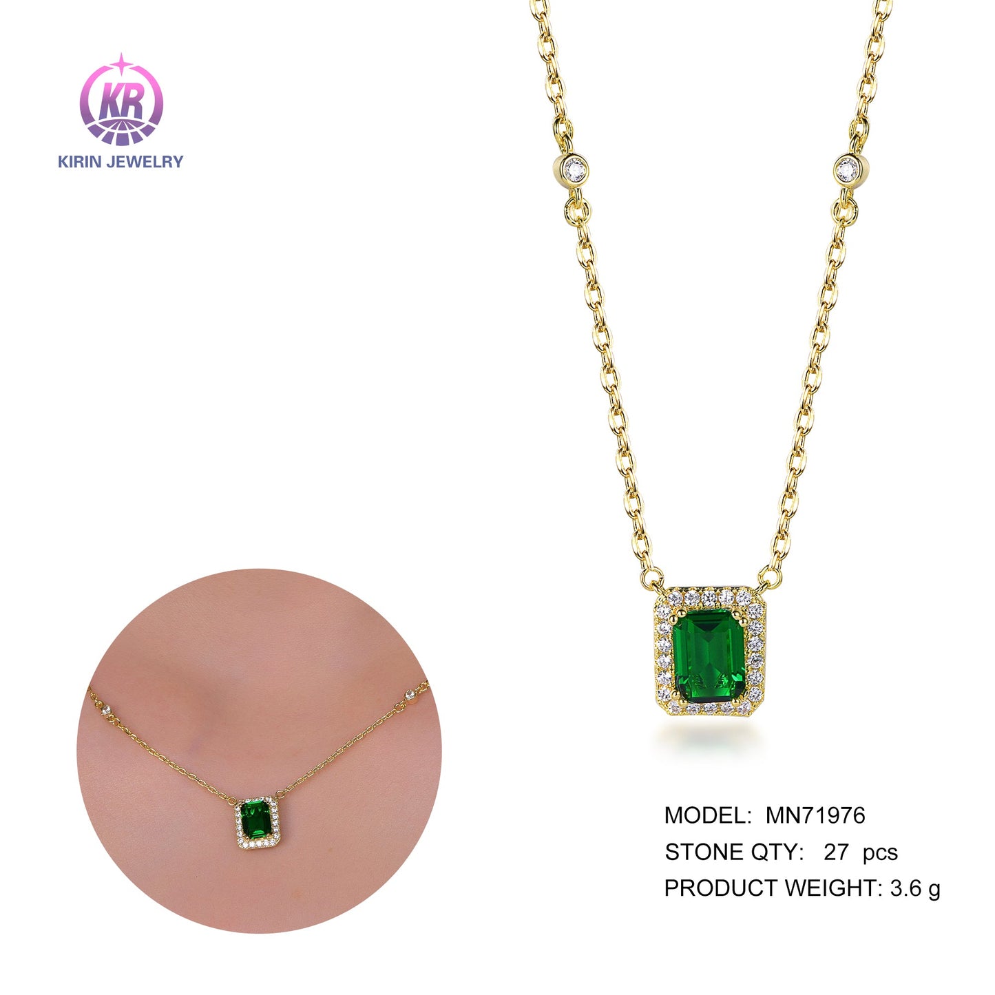 925 silver necklae with 14K gold plating emerald CZ 71976 Kirin Jewelry