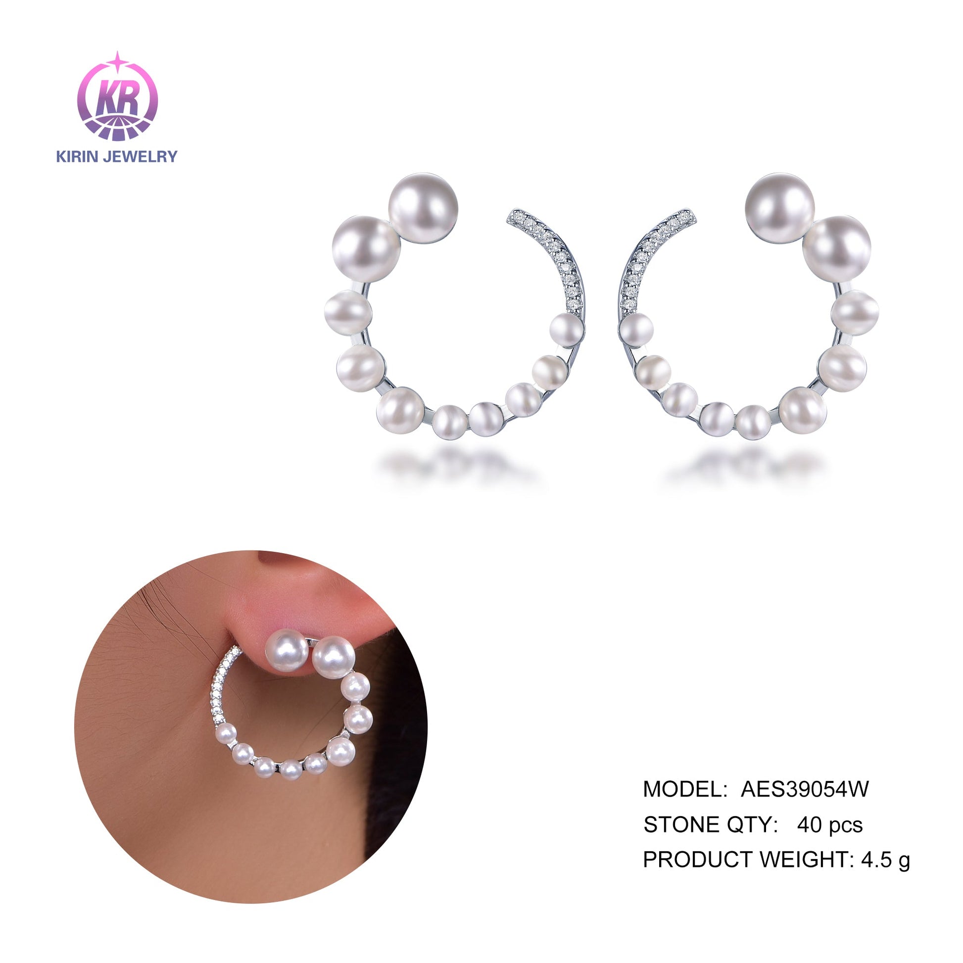 925 silver pearl earring with rhodium plating CZ 39054 Kirin Jewelry