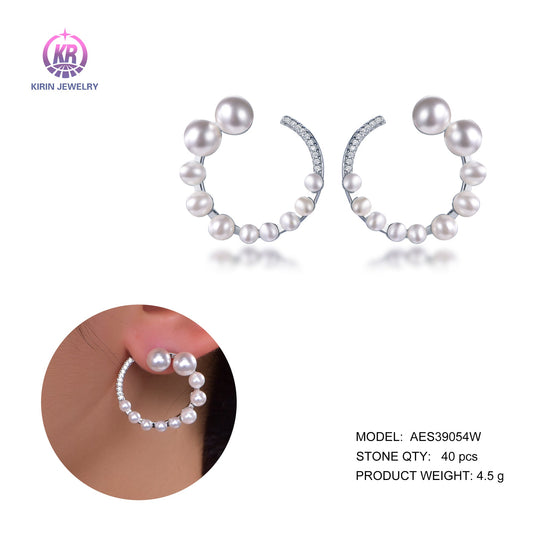 925 silver pearl earring with rhodium plating CZ 39054 Kirin Jewelry