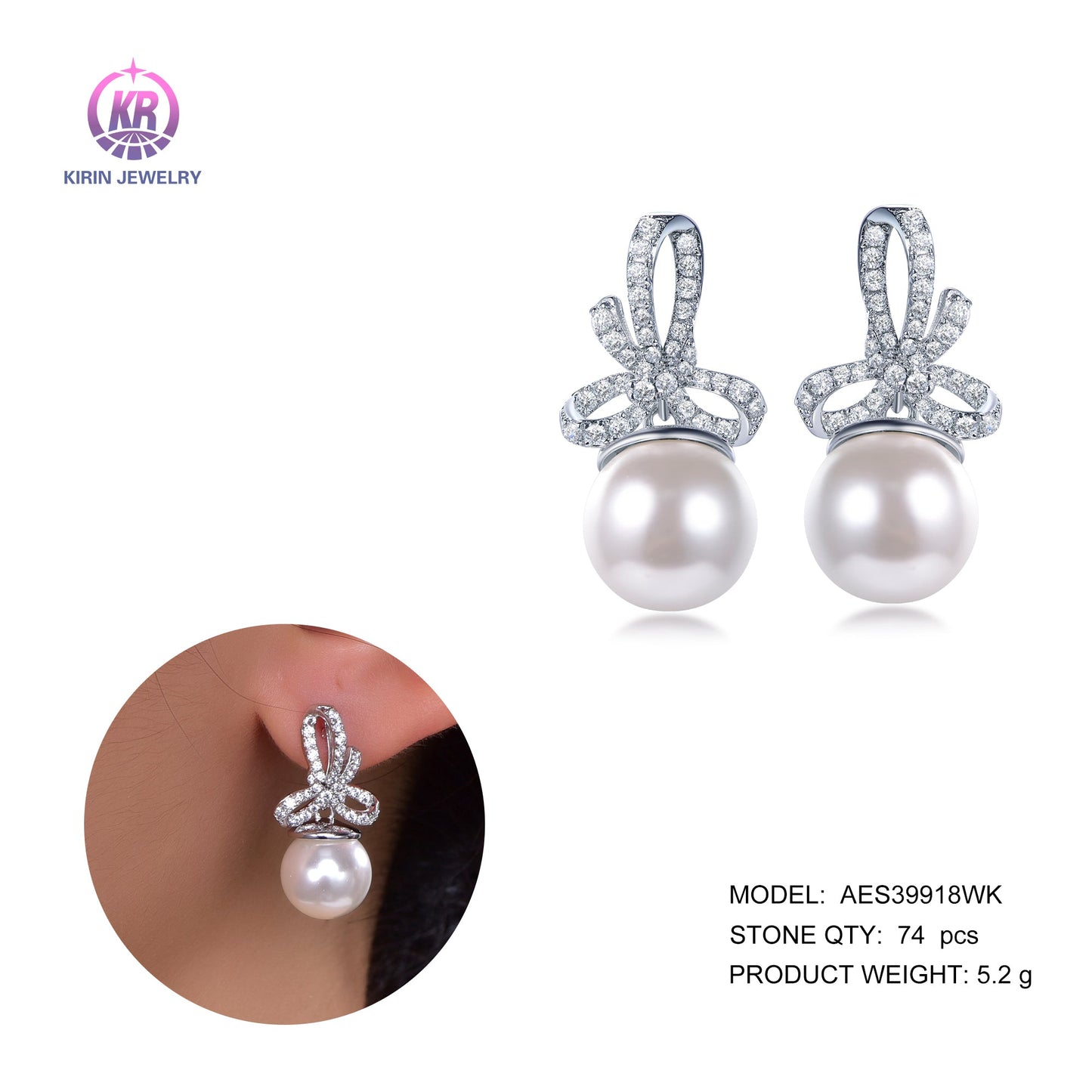 925 silver pearl earring with rhodium plating CZ 39918 Kirin Jewelry
