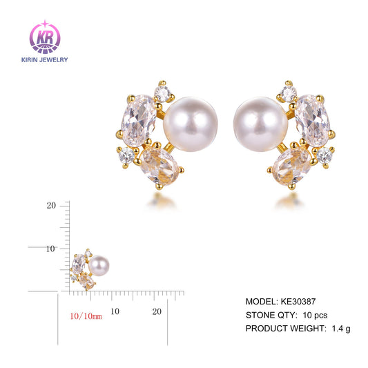 925 silver pearl earrings with 14K gold plating CZ 30387 Kirin Jewelry