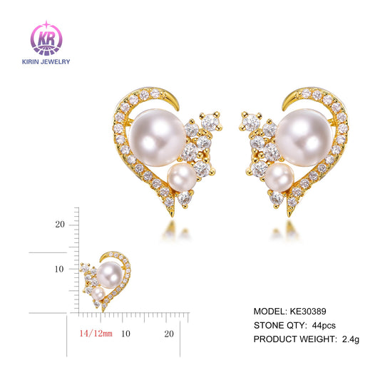 925 silver pearl earrings with 14K gold plating CZ 30389 Kirin Jewelry