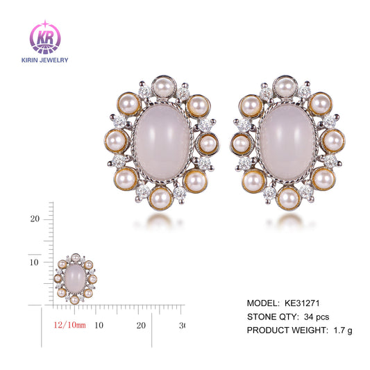 925 silver pearl earrings with rhodium plating CZ KE31271 Kirin Jewelry