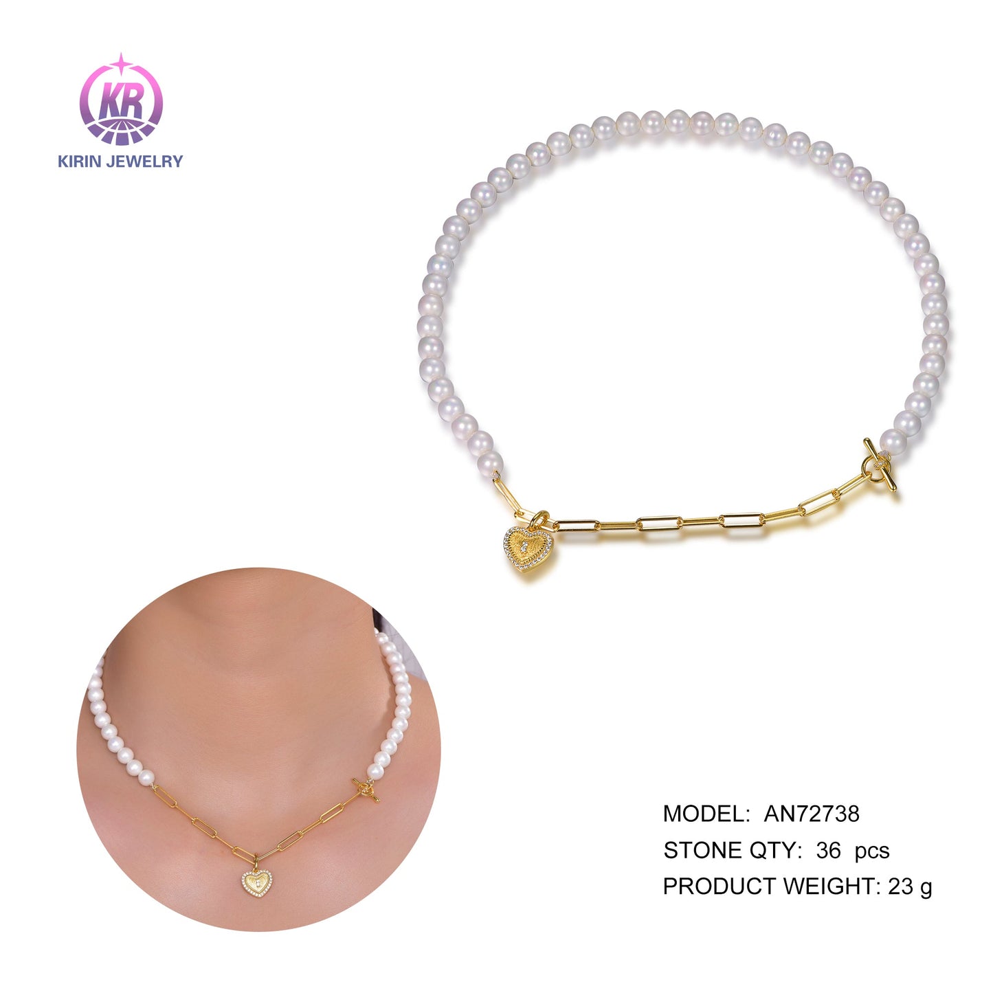 925 silver pearl necklace with 14K gold plating CZ 72738 Kirin Jewelry