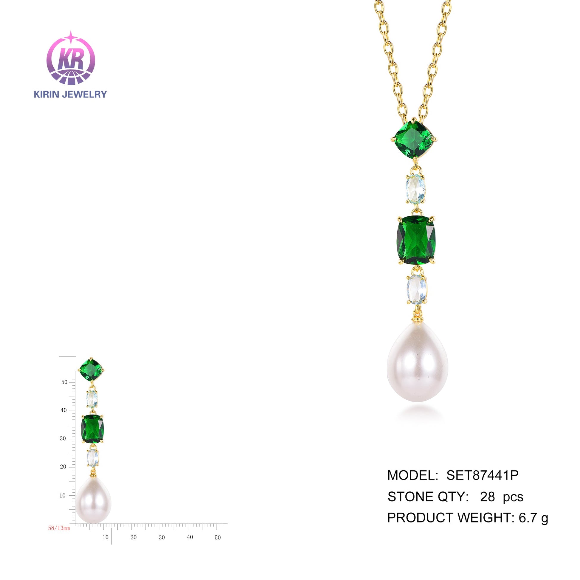 925 silver pearl necklace with 14K gold plating emerald CZ 87441 Kirin Jewelry