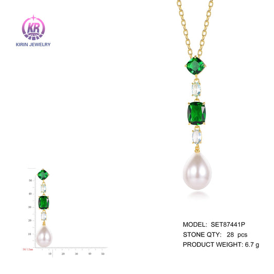 925 silver pearl necklace with 14K gold plating emerald CZ 87441 Kirin Jewelry