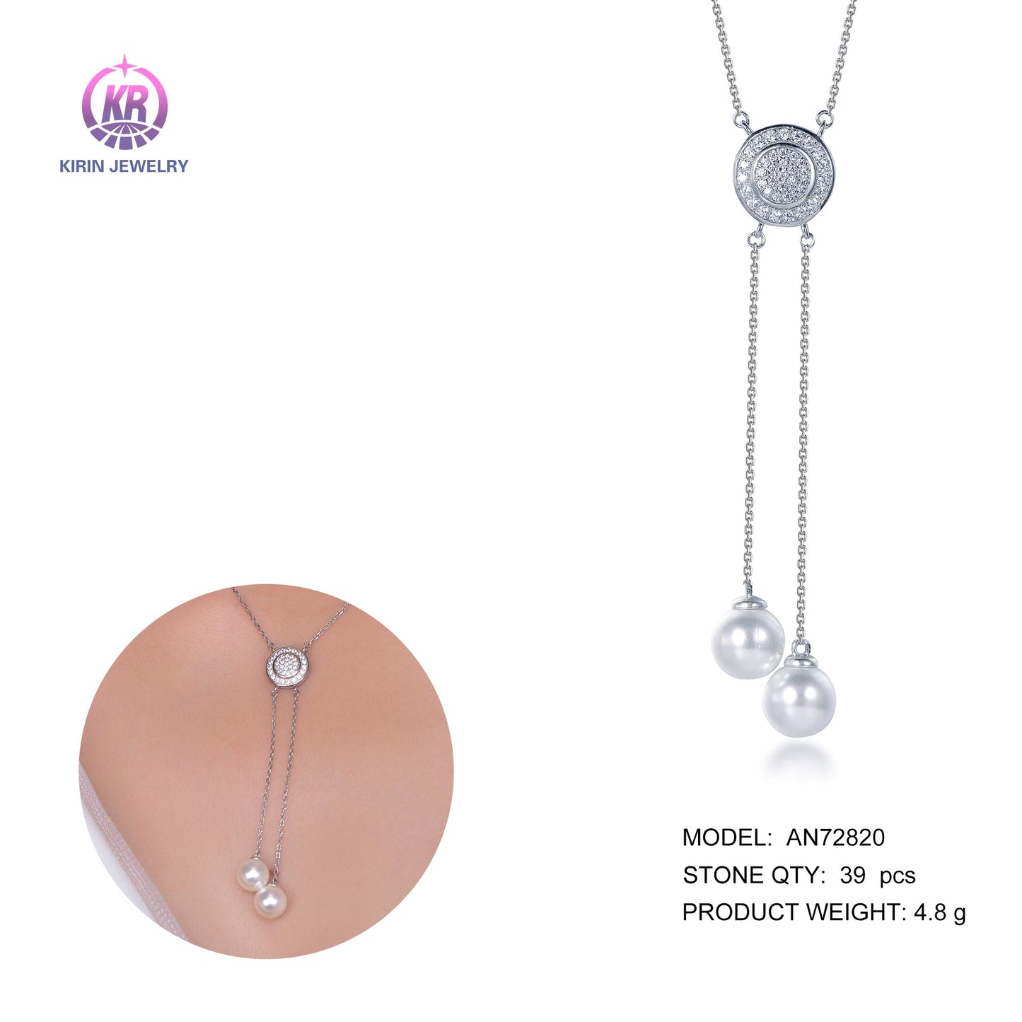 925 silver pearl necklace with rhodium plating CZ 72820 Kirin Jewelry