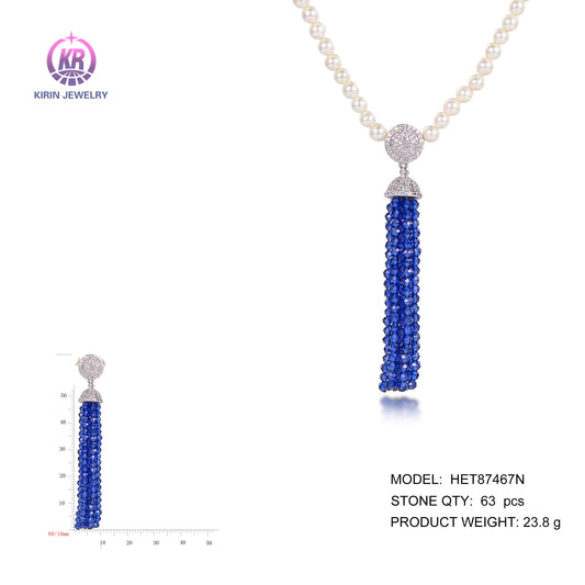 925 silver pearl necklace with rhodium plating sapphire CZ 87467 Kirin Jewelry