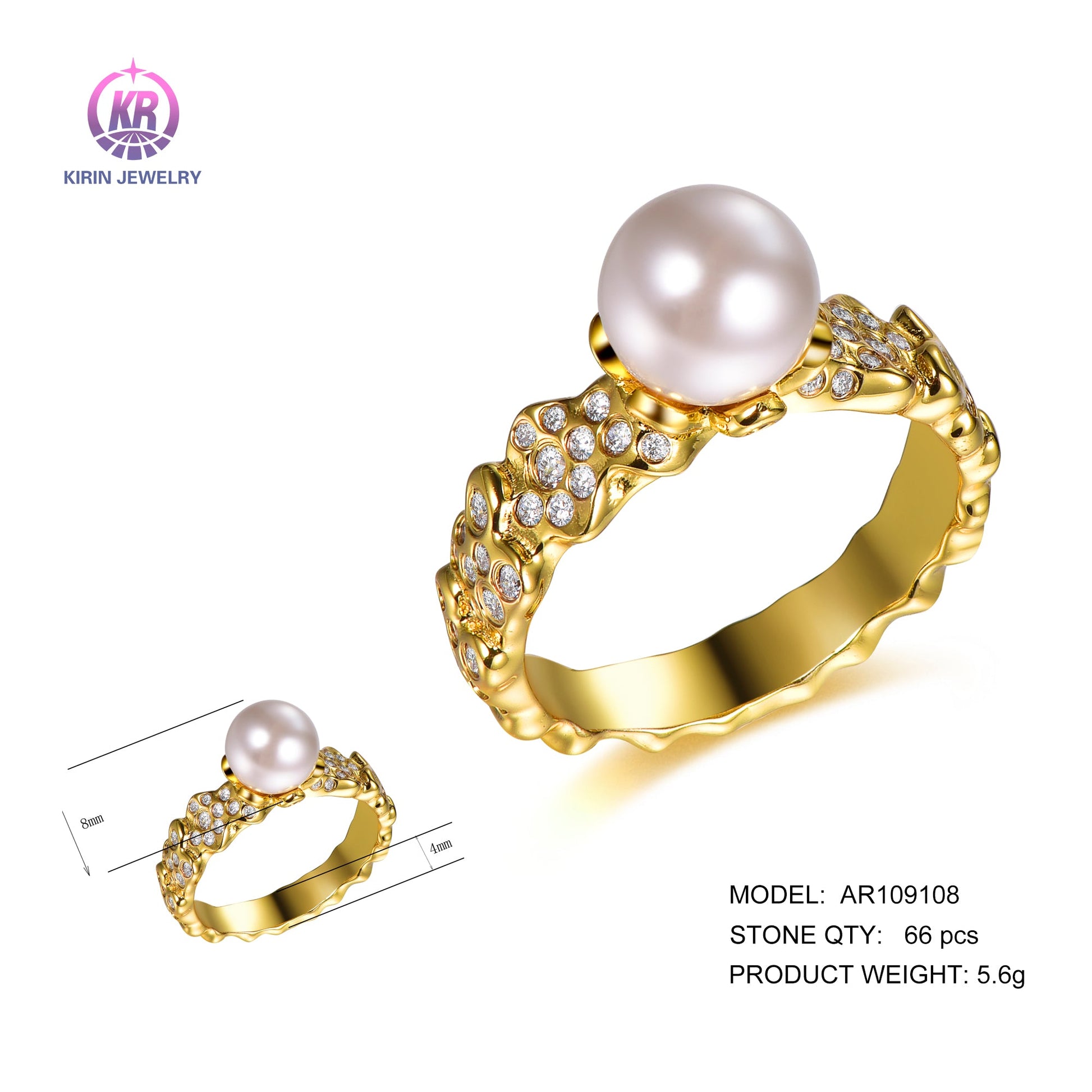 925 silver pearl rings with 14K gold plating CZ AR109108 Kirin Jewelry