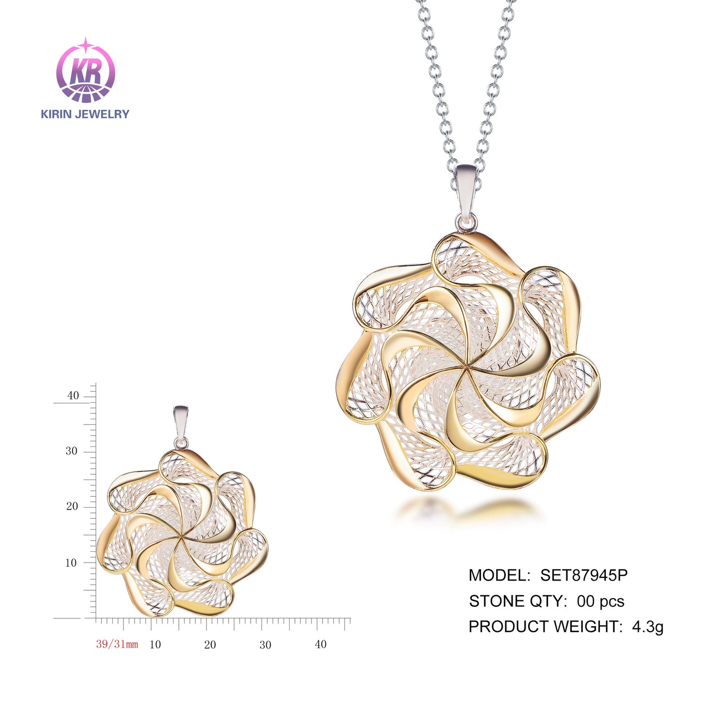 925 silver pendant with 2-tone plating rhodium and 14K gold SET87945P Kirin Jewelry