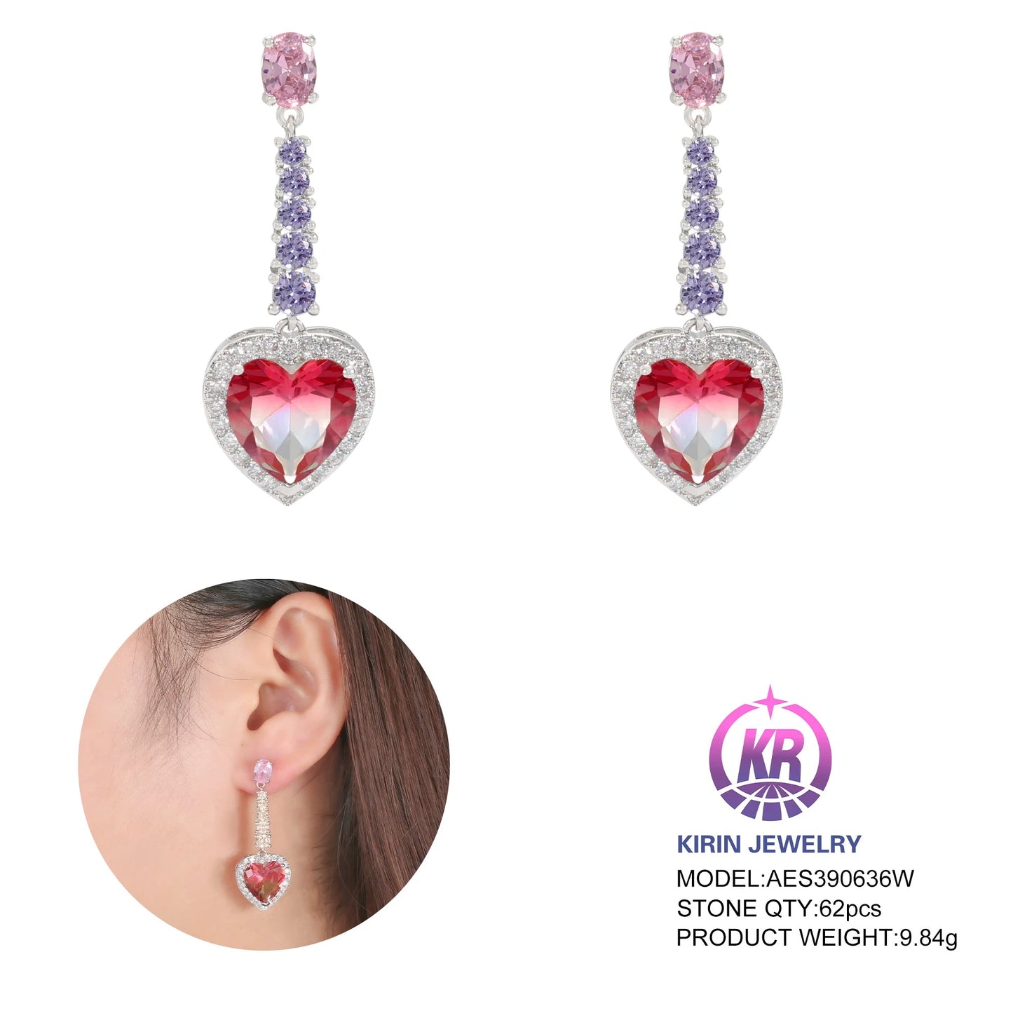 925 silver trendy women jewelry heart shaped cubic zircon earrings Drop earrings for lady dangle earrings Kirin Jewelry