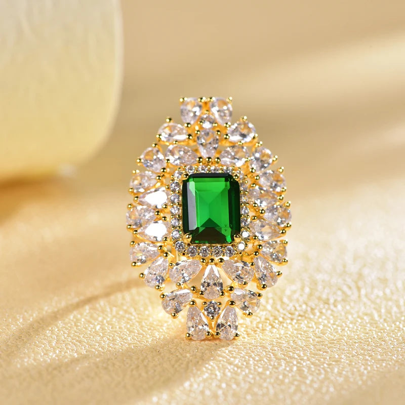 emerald stacking golden flower cubic zirconia filled statement emerald cut ring for women