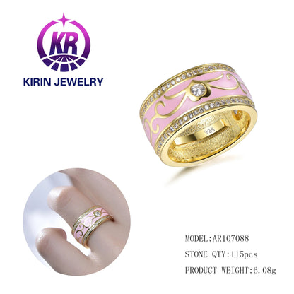 925 sterling silver wedding band diamond enamel ring textured gold ring for Women bridal zircon texture gold wedding band ring Kirin Jewelry