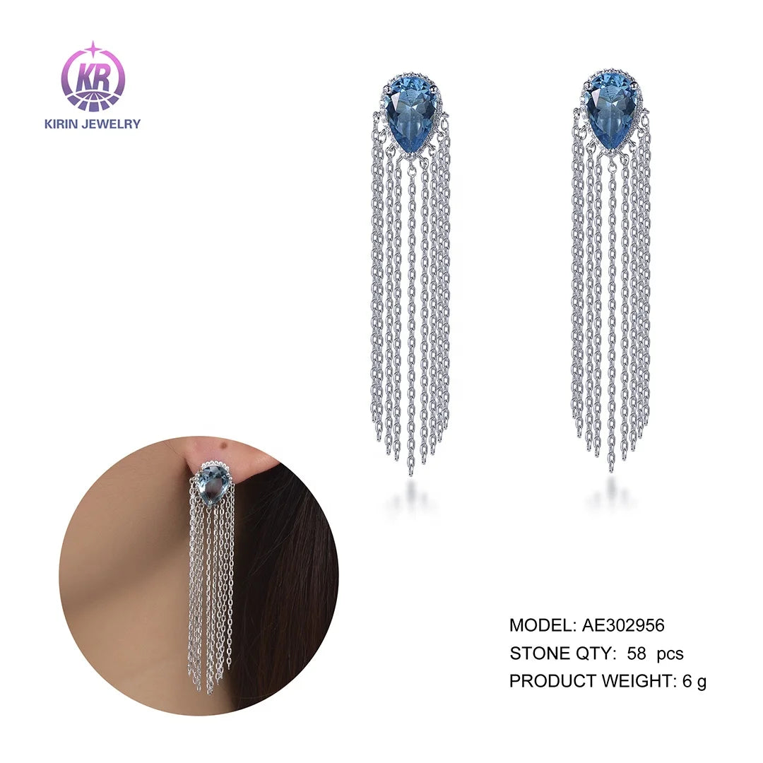 925 tassel diamond earrings crystal earrings long tassel 925 Sterling Silver tassel diamond earrings Kirin Jewelry