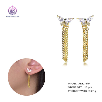 AAA CZ zircon cuban chain and earing sets butterfly tassel earrings 18k gold chain link tassel earrings Kirin Jewelry