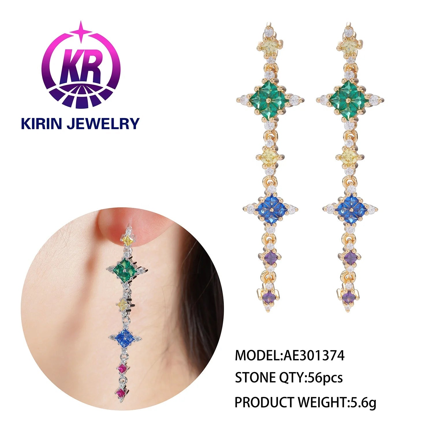 Baguette Bling Cubic Zircon Multi Gem Tassel Earrings Flower Jewelry Rainbow Diamond Earrings for Women Kirin Jewelry
