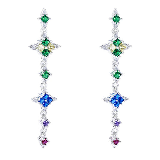 Baguette Bling Cubic Zircon Multi Gem Tassel Earrings Flower Jewelry Rainbow Diamond Earrings for Women Kirin Jewelry