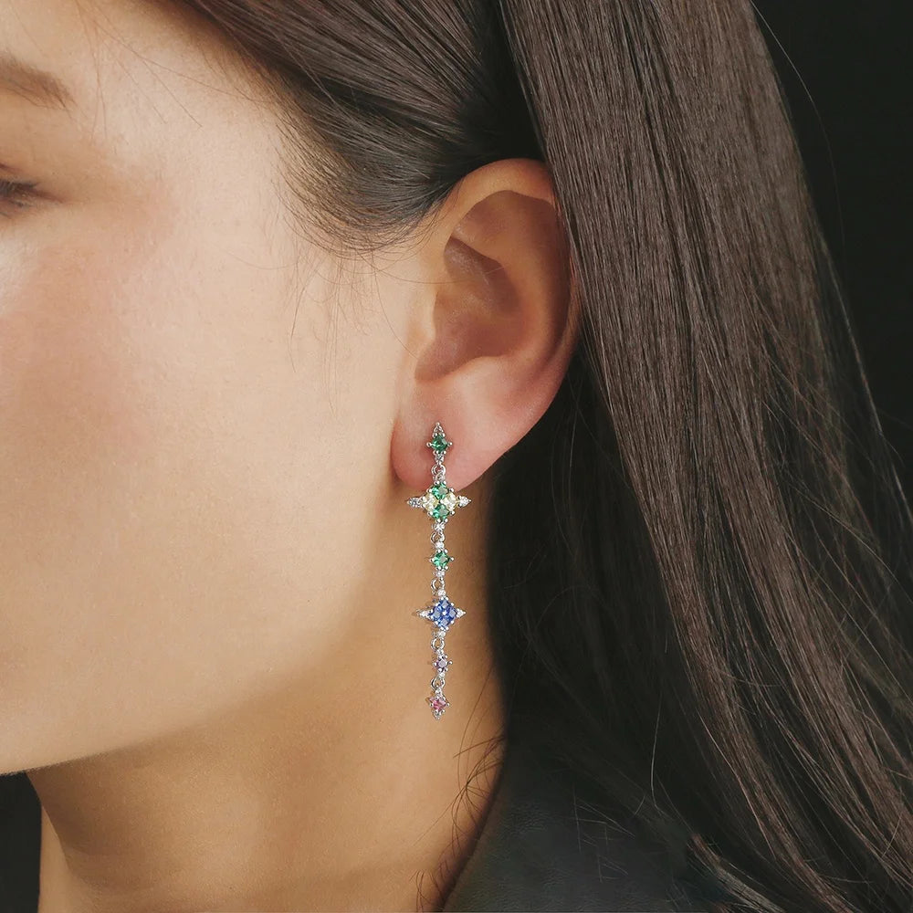 Baguette Bling Cubic Zircon Multi Gem Tassel Earrings Flower Jewelry Rainbow Diamond Earrings for Women Kirin Jewelry
