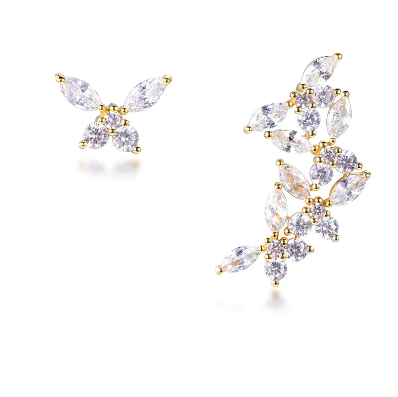 CZ gold-plated butterfly asymmetrical earrings 925 silver set vintage personality earrings fashion jewelry Kirin Jewelry