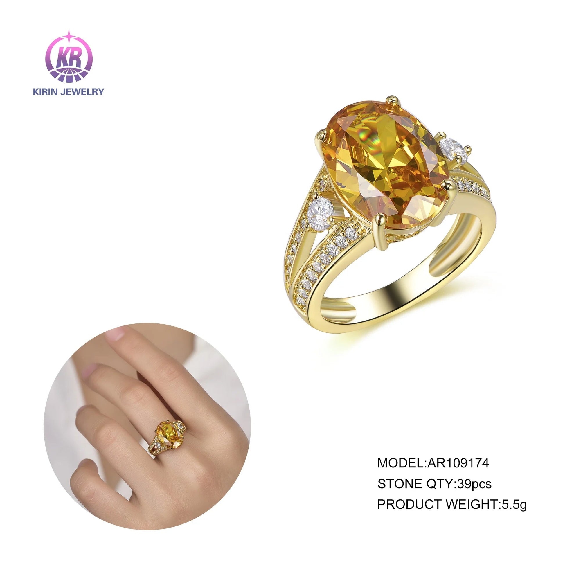 China Wholesale American 14k Gold Plated Ring Prong Setting Canary Diamond Ring 18K Gold Ring Women Wedding Jewelry Kirin Jewelry