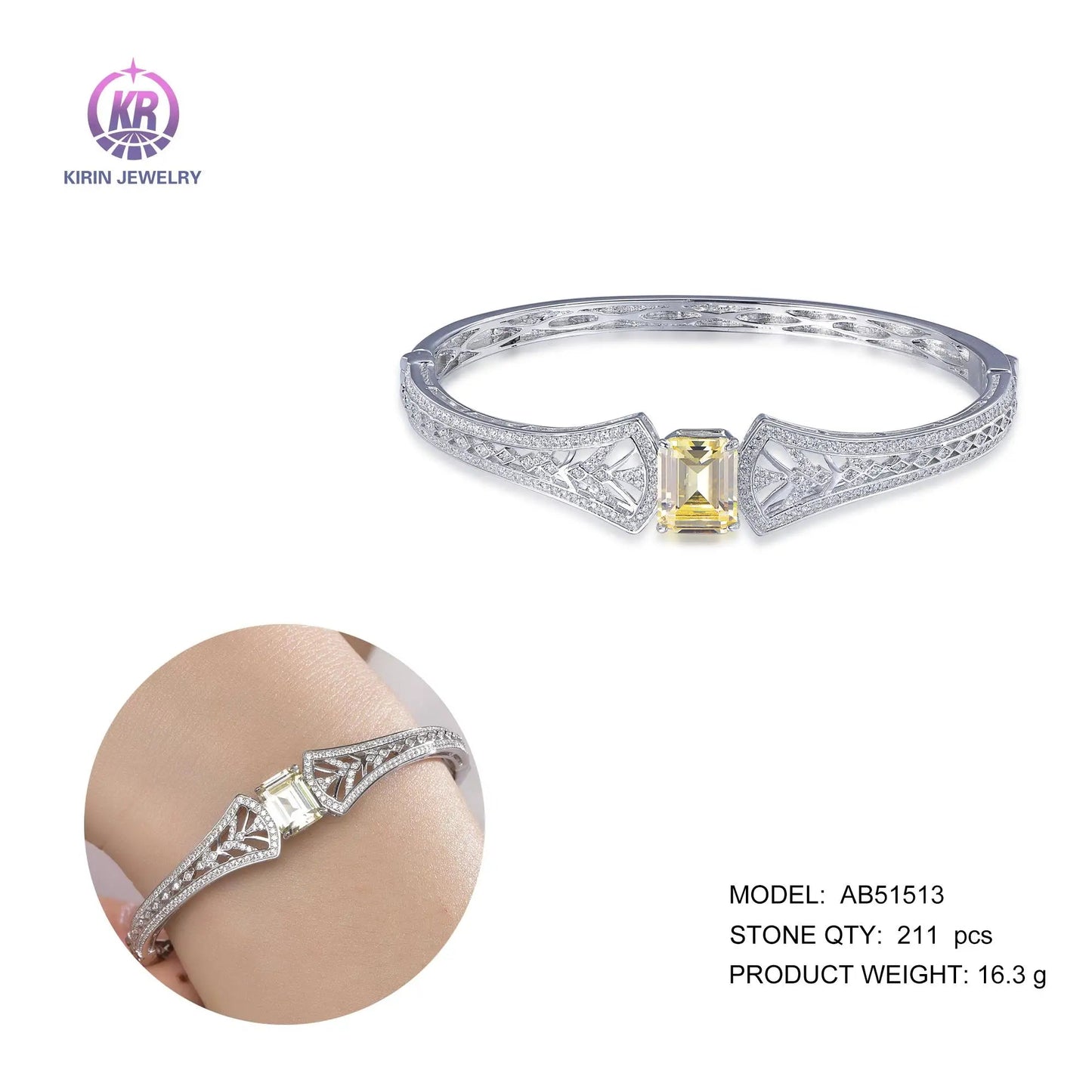 Classic yellow crystal stone special design 925 sterling silver bangle bracelet elegant women bangle Kirin Jewelry