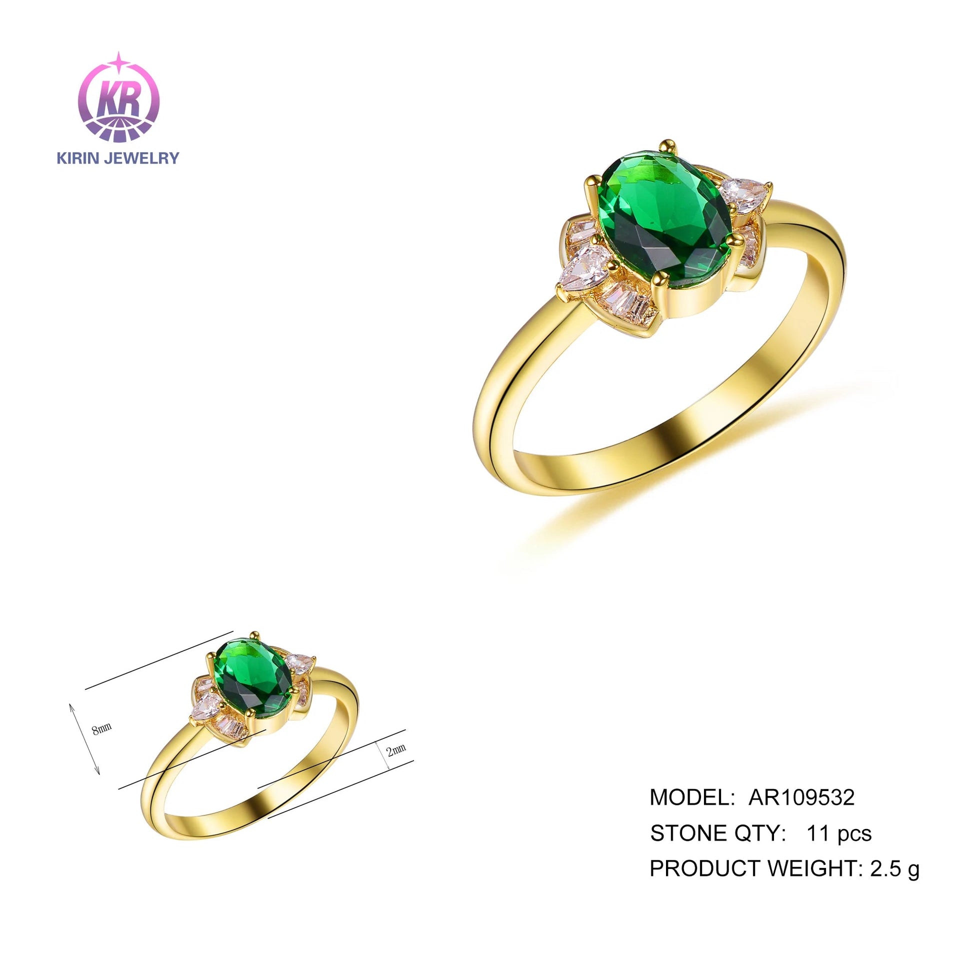 Custom Emerald Glass & 3A White Cubic Zirconia 14K 18K Gold brass Promise Ring as a Gift for Girlfriend and Wife's Anniversary Kirin Jewelry