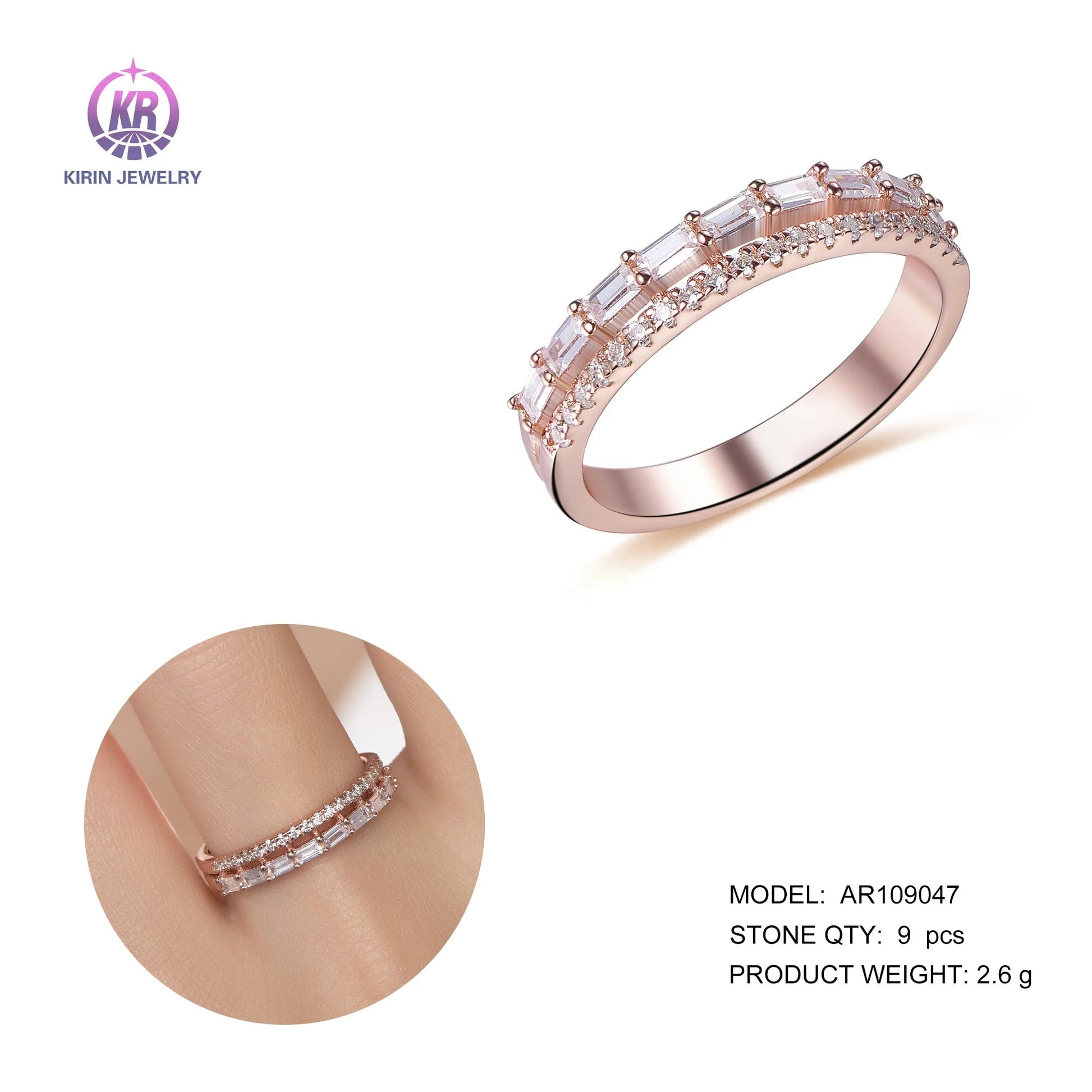 Custom baguette CZ Moissanite Ring 925 silver Rose Gold Plated Rings Jewelry 10k 14k 18k Solid Gold Rings Kirin Jewelry