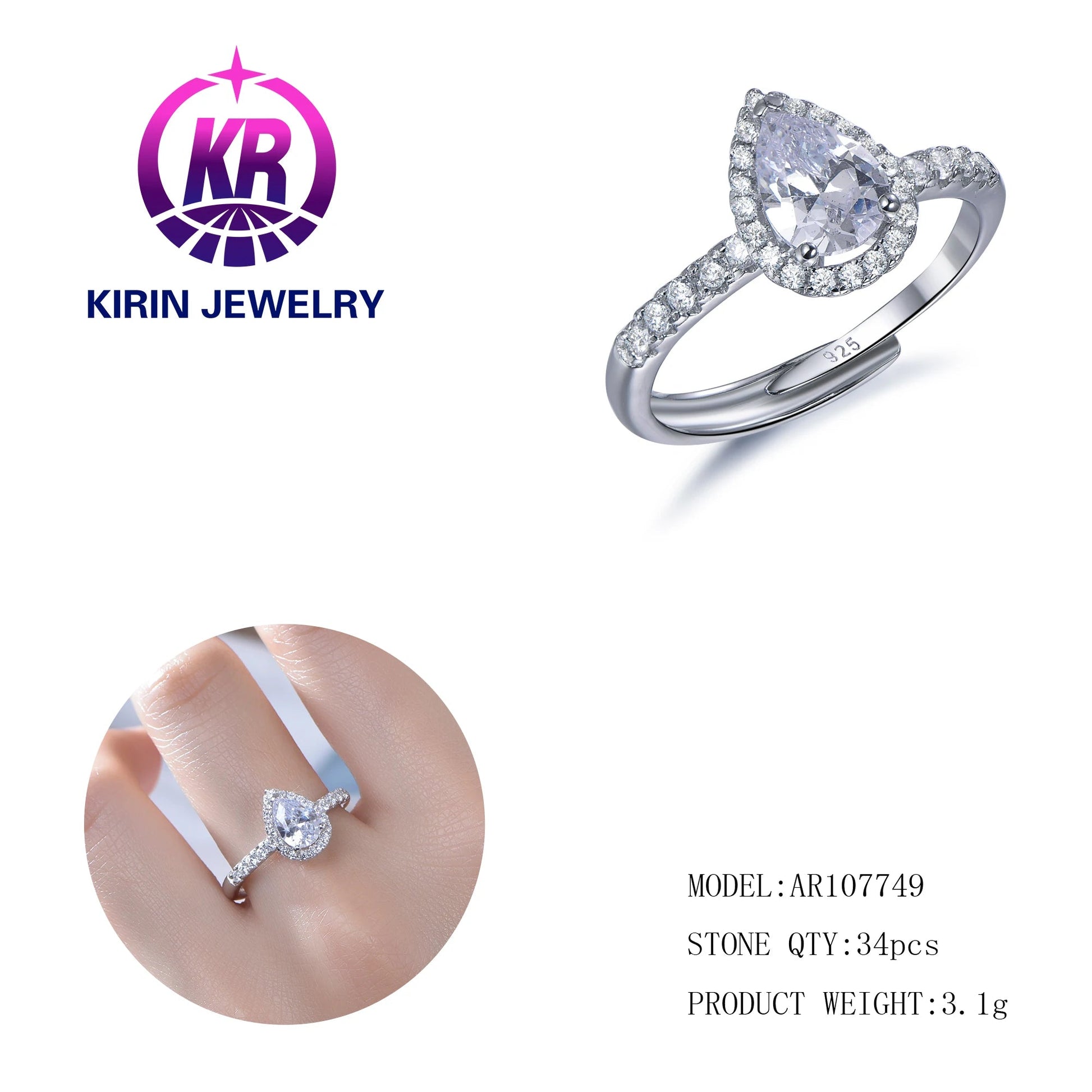 Customize Wholesale Plated Zircon Eternity Women Jewelry 925 Sterling Silver Engagement Wedding Diamond Ring Kirin Jewelry