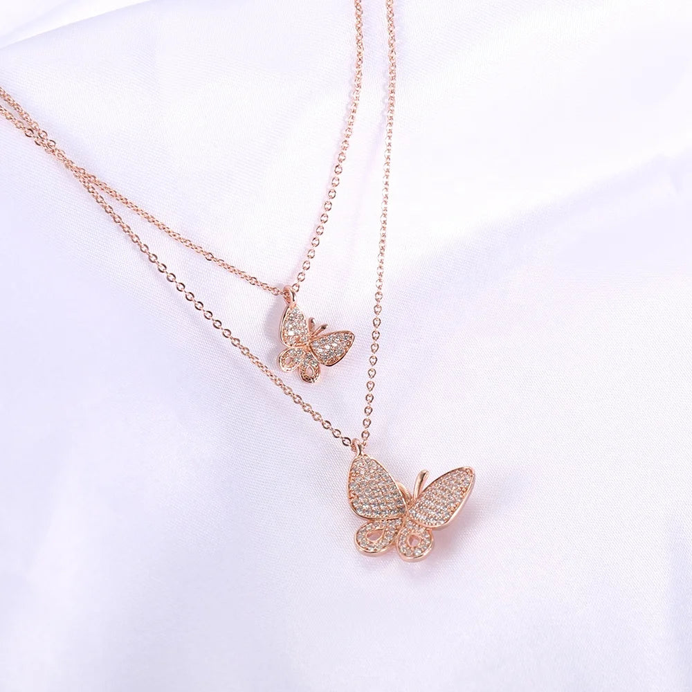 Diamond Butterfly Necklace 14K Rose Gold Double Butterfly Necklace Diamond Butterfly Pendant vintage multilayer pendant necklace Kirin Jewelry