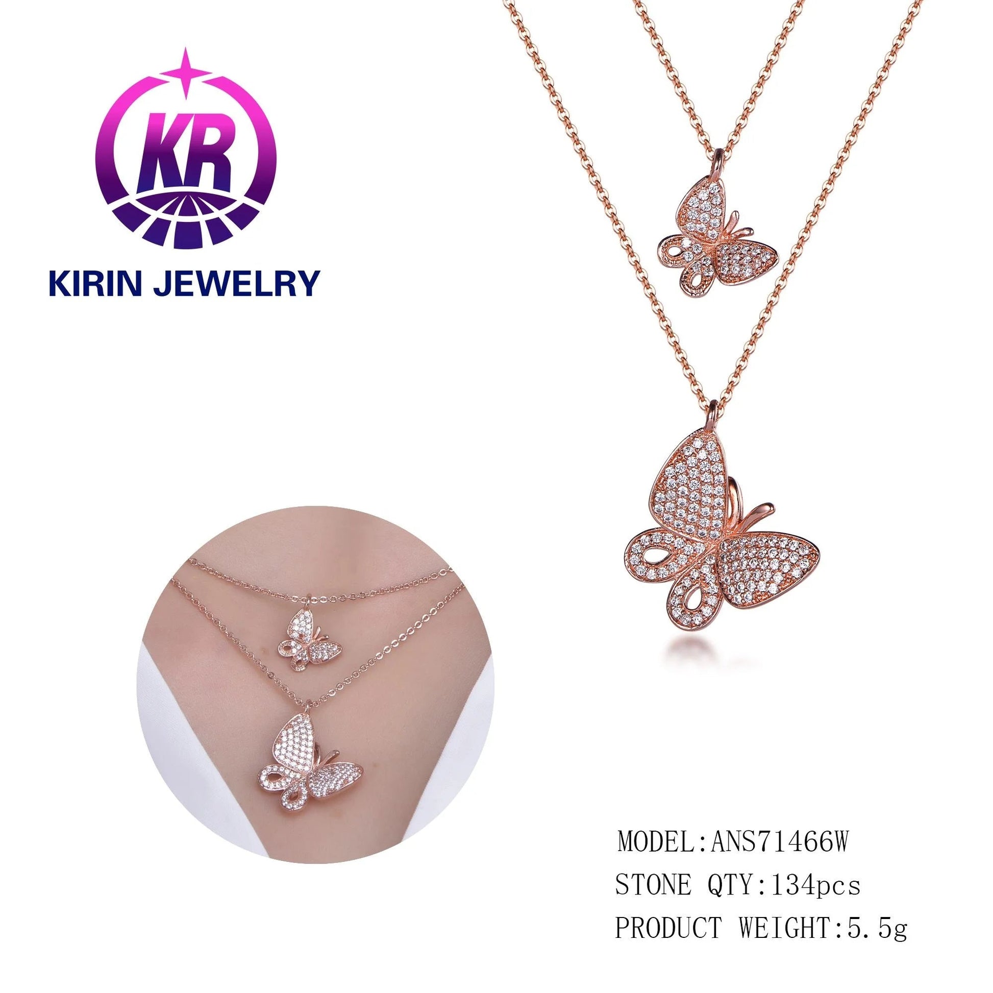 Diamond Butterfly Necklace 14K Rose Gold Double Butterfly Necklace Diamond Butterfly Pendant vintage multilayer pendant necklace Kirin Jewelry