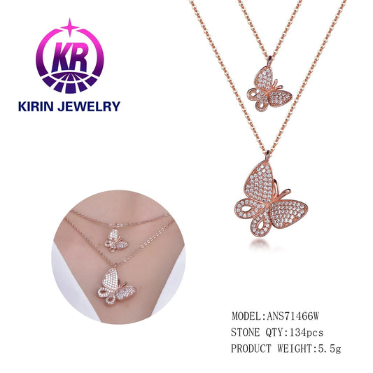 Diamond Butterfly Necklace 14K Rose Gold Double Butterfly Necklace Diamond Butterfly Pendant vintage multilayer pendant necklace Kirin Jewelry